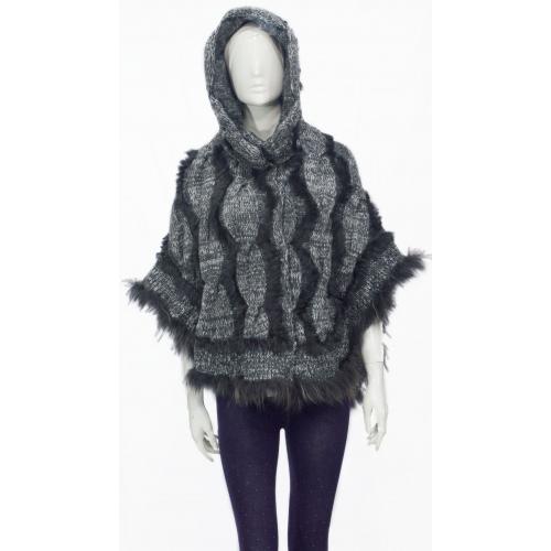 Winter Fur Charcoal Grey Ladies Genuine Knitted Rabbit Poncho With Fox Trimming W05P03GREY